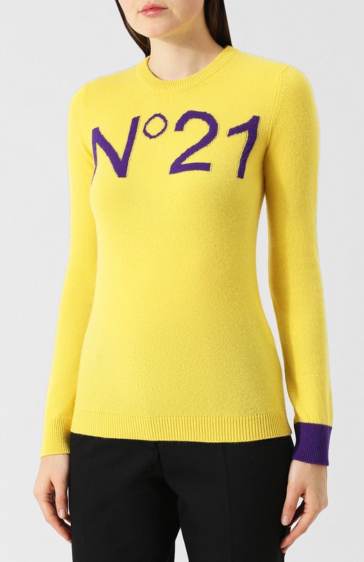 Кашемировый пуловер с логотипом бренда и контрастной отделкой на рукаве No. 21 