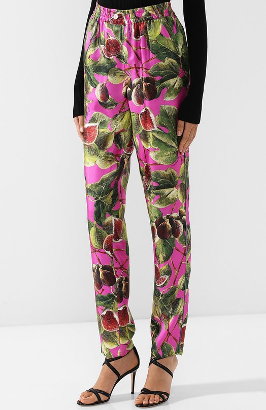 Шелковые брюки с эластичным поясом и принтом Dolce&Gabbana 