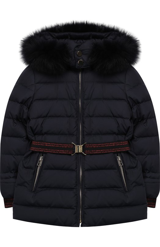 Стеганая куртка с поясом и меховой отделкой на капюшоне Yves Salomon Enfant 5321504