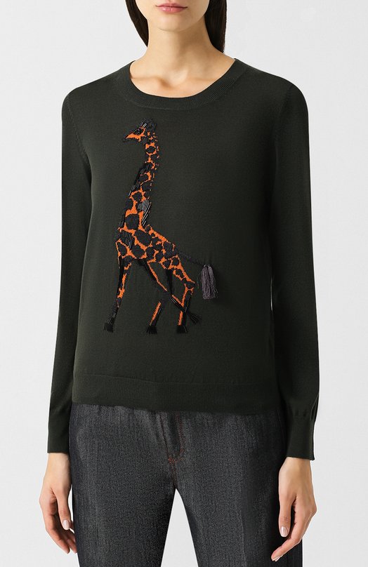 Шерстяной пуловер с круглым вырезом и декоративной вышивкой Escada Sport 