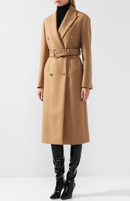 Двубортное шерстяное пальто с поясом Versace 