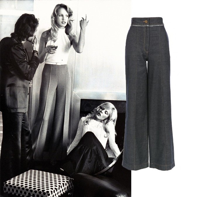 Широкие джинсы с завышенной талией / Актриса и певица Джонни Холлидей в Lanvin, 1972 год